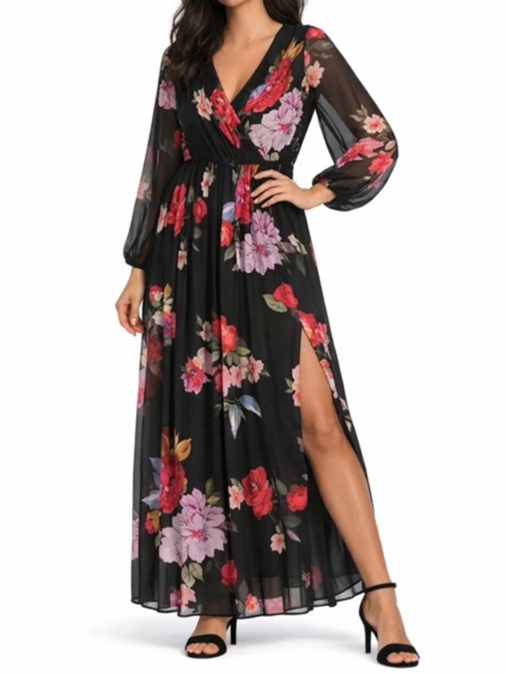 Adrianna Papell Floral Chiffon Maxi Dress Gown Black Long Sleeve Size 14 Wedding